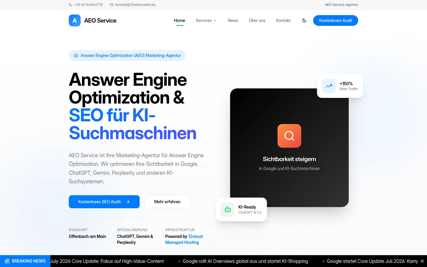 Startseite des realisierten Webprojekts AEO Service