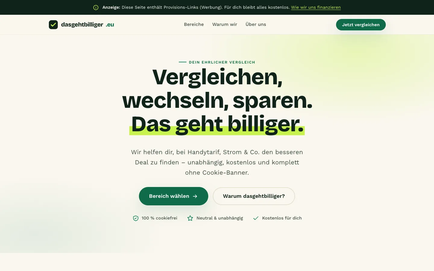 Startseite des realisierten Webprojekts dasgehtbilliger.eu
