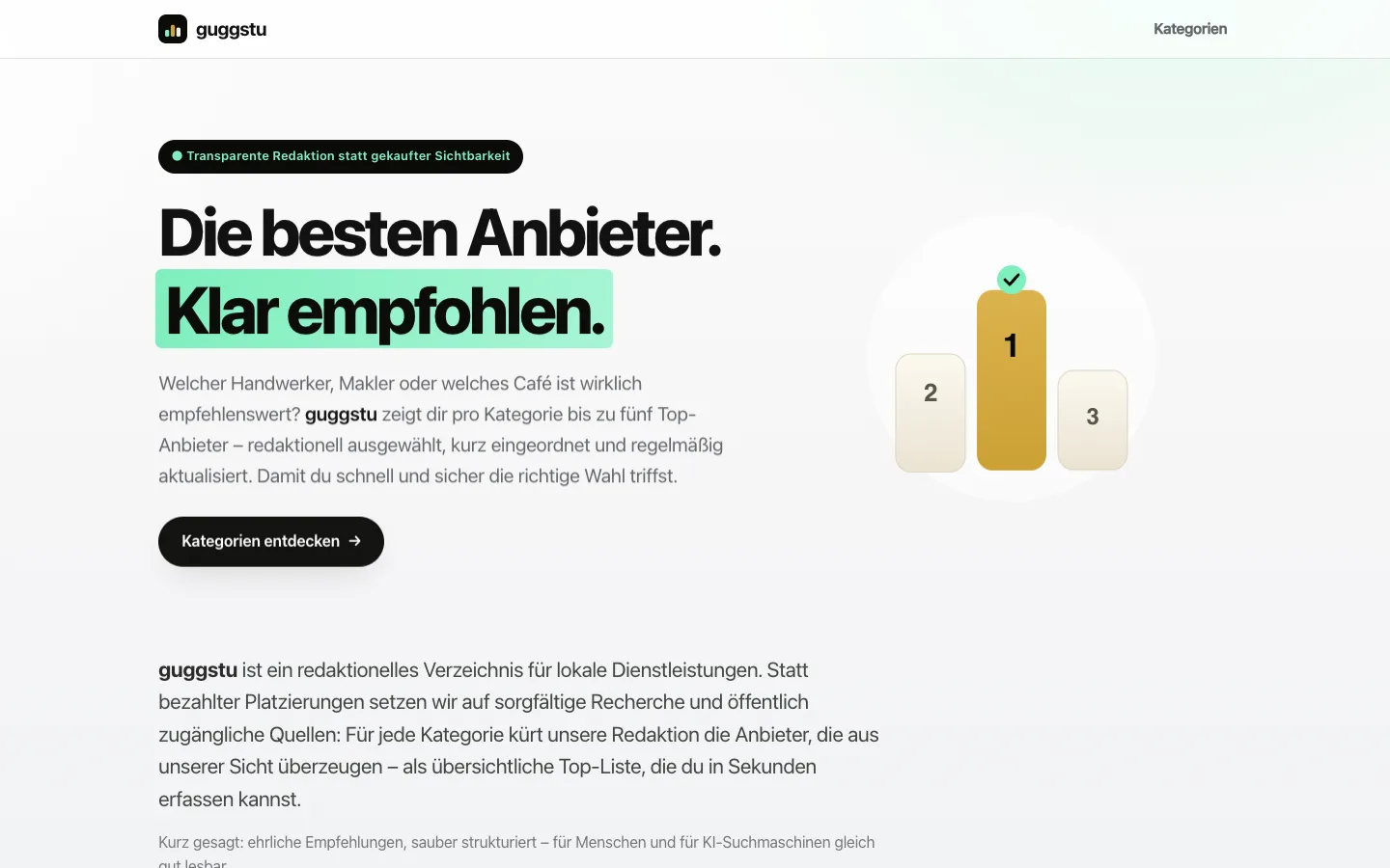 Startseite des realisierten Webprojekts guggstu